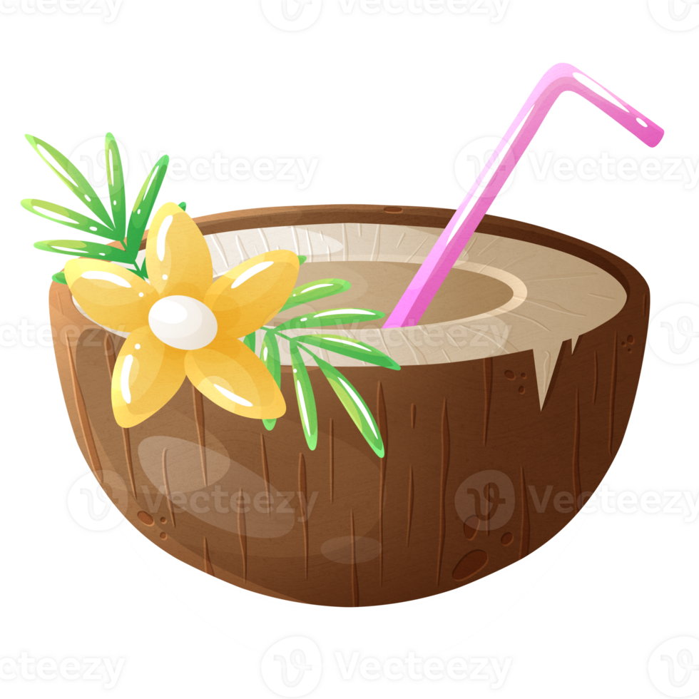 Refreshing cocktail in half coconut with straw and tropical flower for sale on beach to people relaxing on sea png