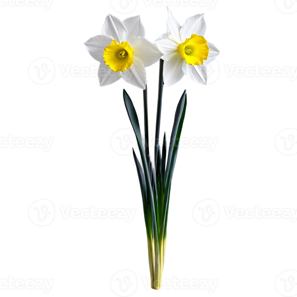 Close up photo of white yellow narcissus daffodil flower with stem and leaves transparent isolated png