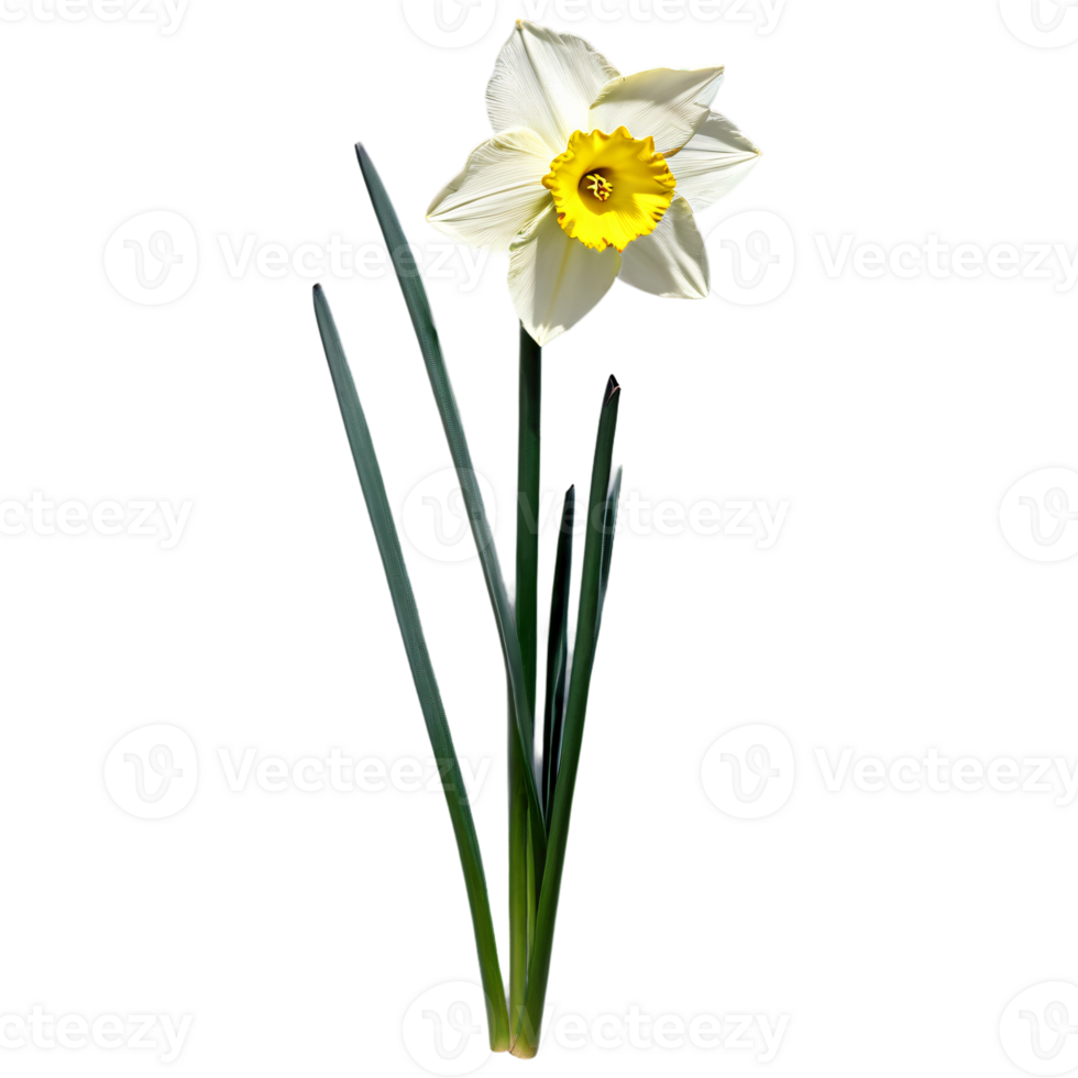 Close up photo of white yellow narcissus daffodil flower with stem and leaves transparent isolated png