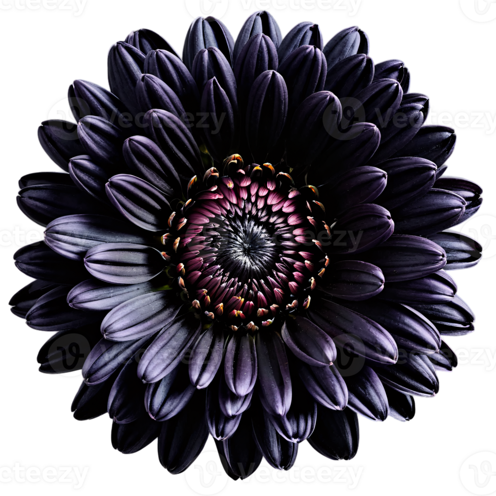 Close up macro photo of a dark black chrysanthemum flower transparent isolated png