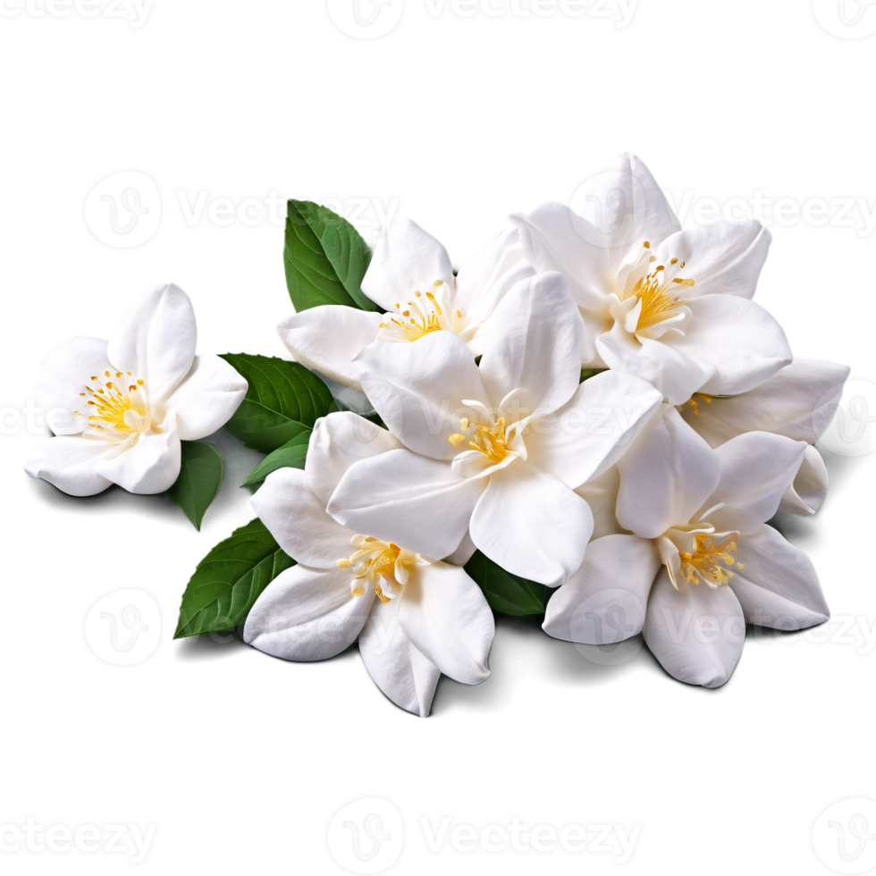 Close up macro photo of white jasmine flower with leaves transparent isolated png