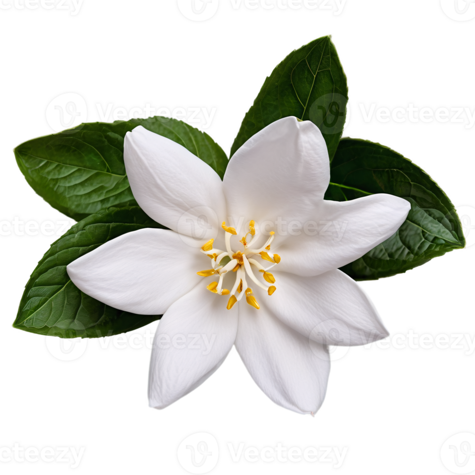 Close up macro photo of white jasmine flower with leaves transparent isolated png