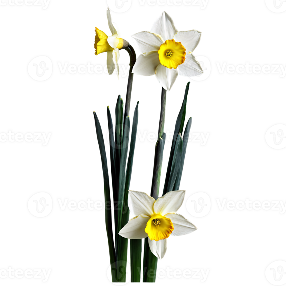 Close up photo of white yellow narcissus daffodil flower with stem and leaves transparent isolated png