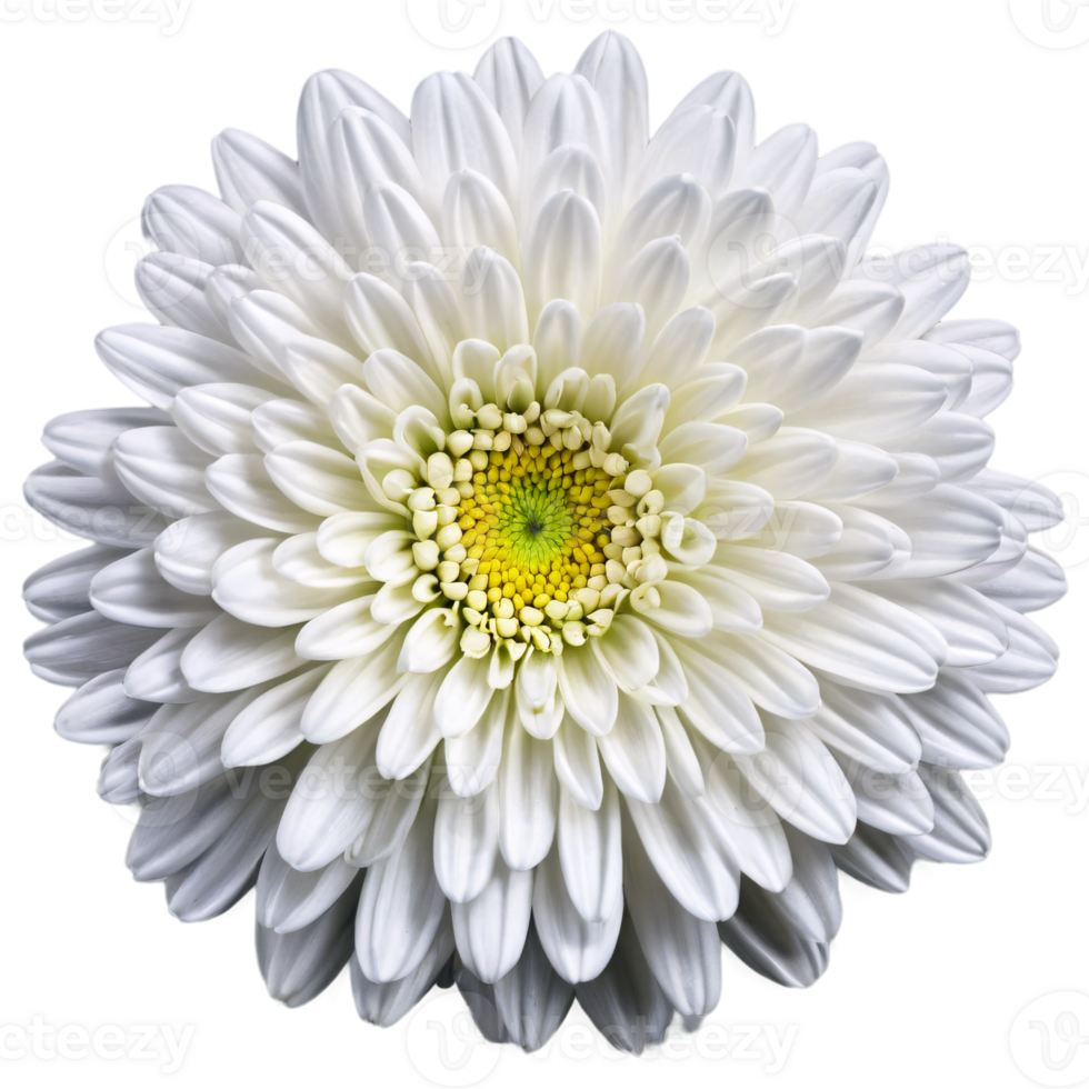 Close up macro photo of a white chrysanthemum flower transparent isolated png