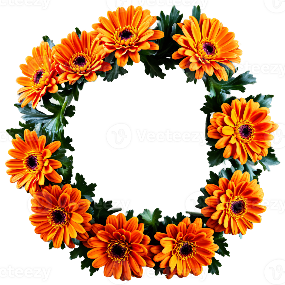 Ring shaped orange chrysanthemum flowers with leaves transparent isolated png