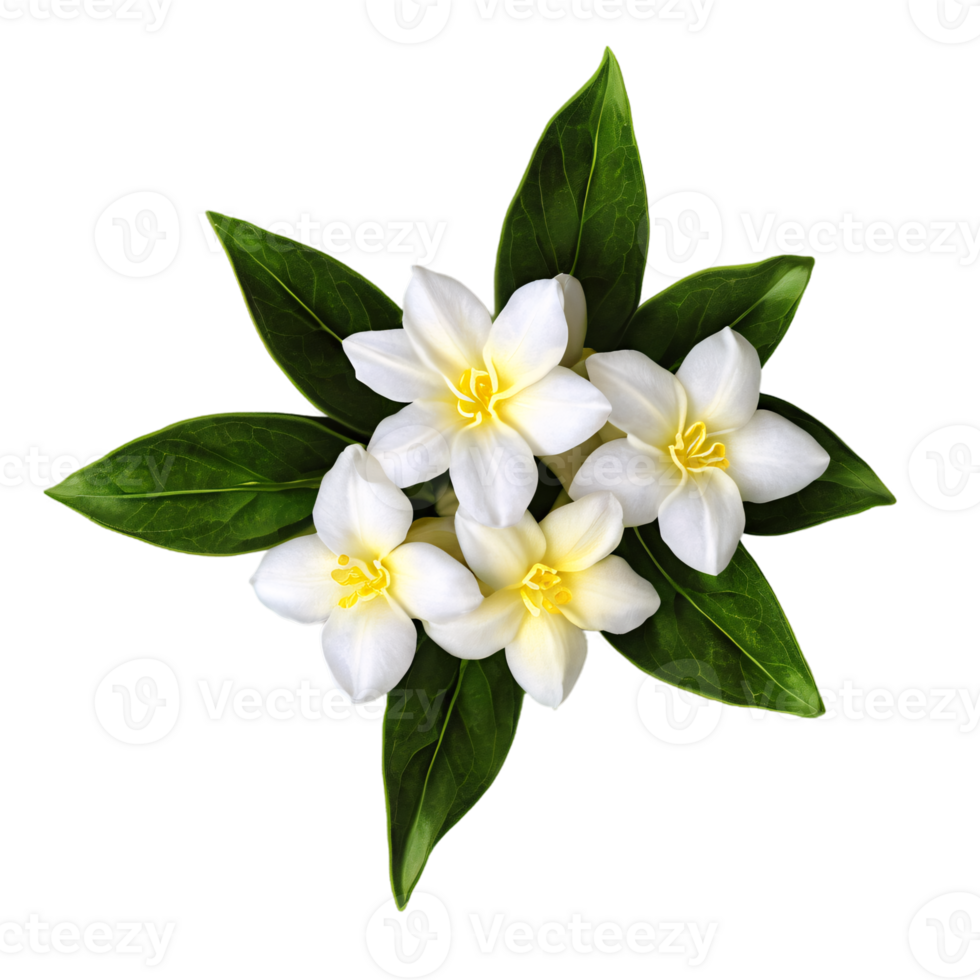 Close up macro photo of white jasmine flower with leaves transparent isolated png