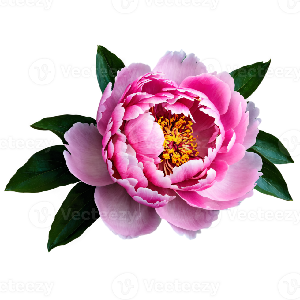 Close up macro photo of pink peony flower with leaves transparent isolated png