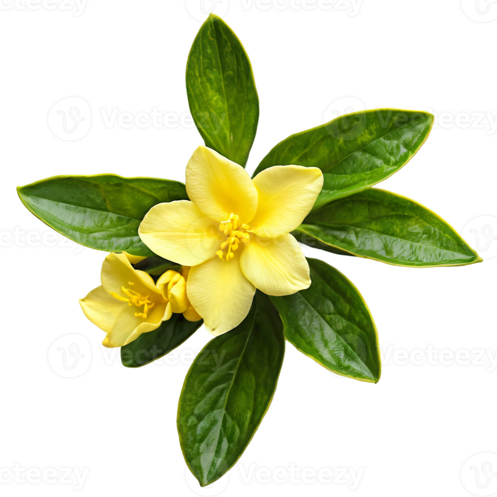 Close up macro photo of yellow jasmine flower with leaves transparent isolated png
