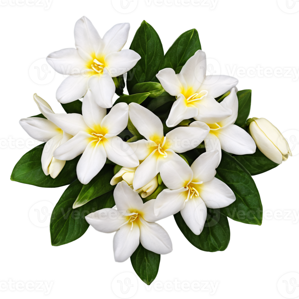 Close up macro photo of white jasmine flower with leaves transparent isolated png