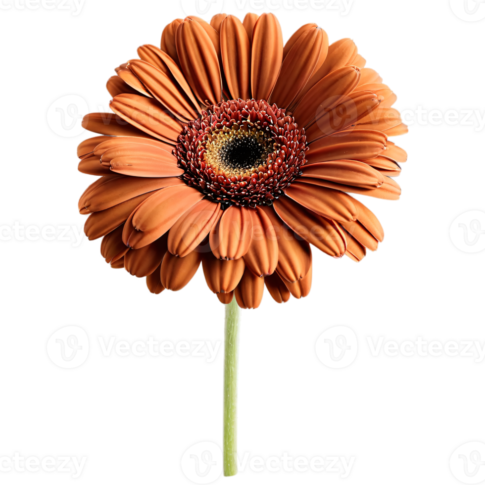 Close up macro photo of a brown gerbera flower with stem transparent isolated png
