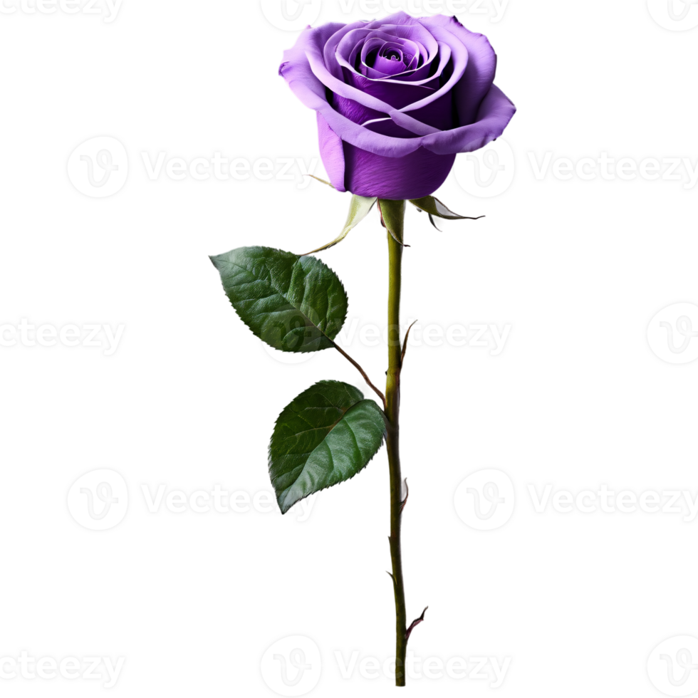 Close up macro photo of purple rose with leaves transparent isolated png