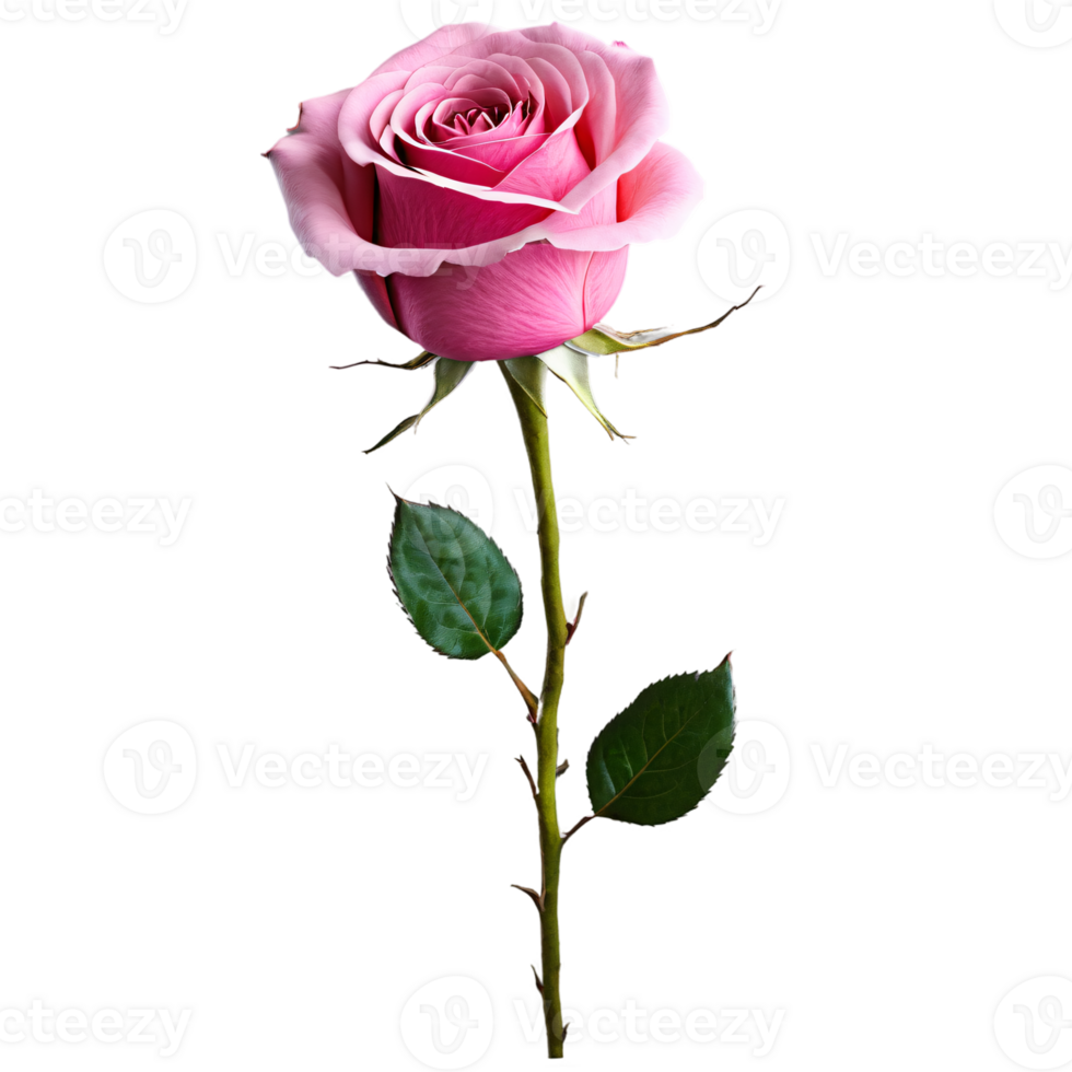 Close up macro photo of pink rose with leaves transparent isolated png