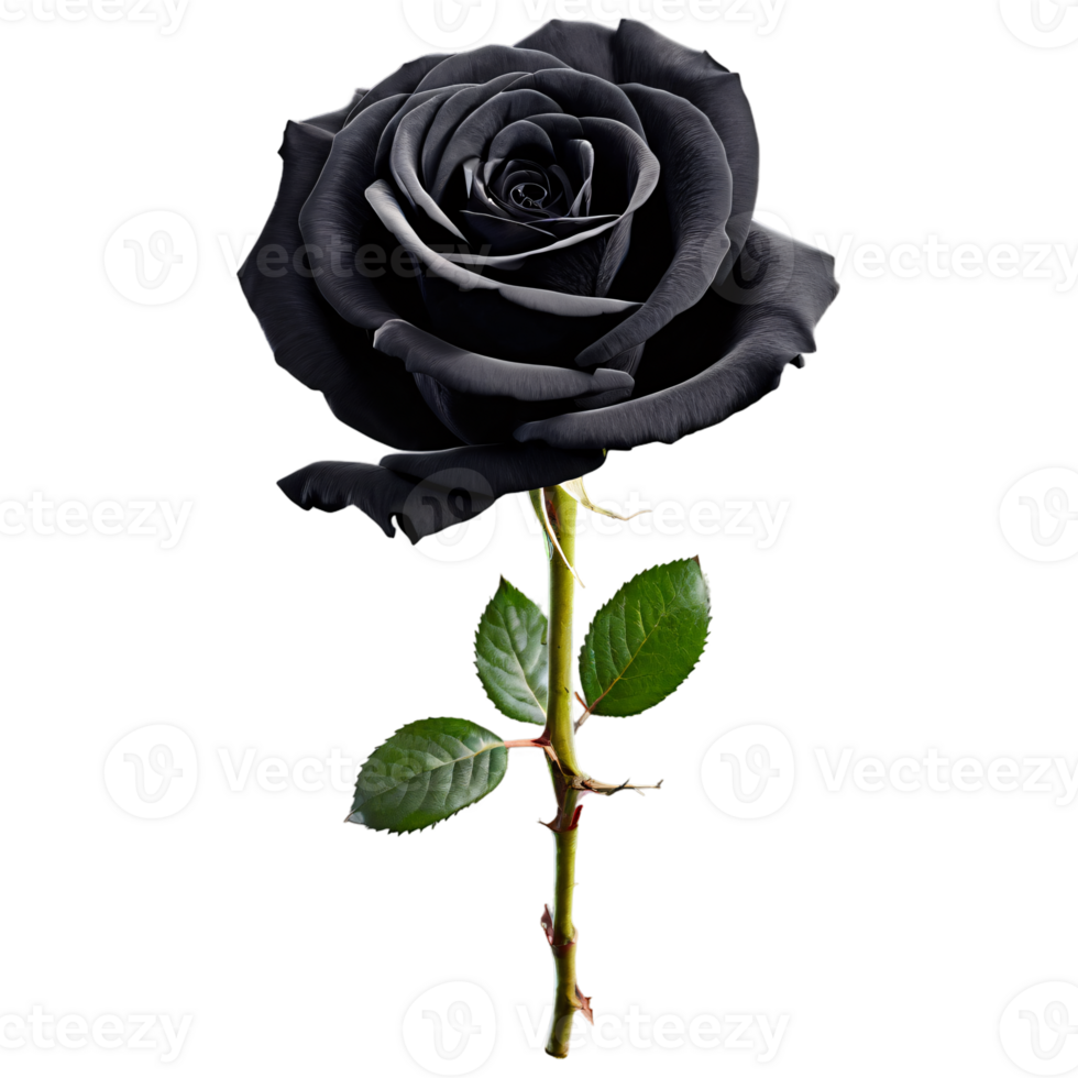 Close up macro photo of black rose with thorns and leaves transparent isolated png
