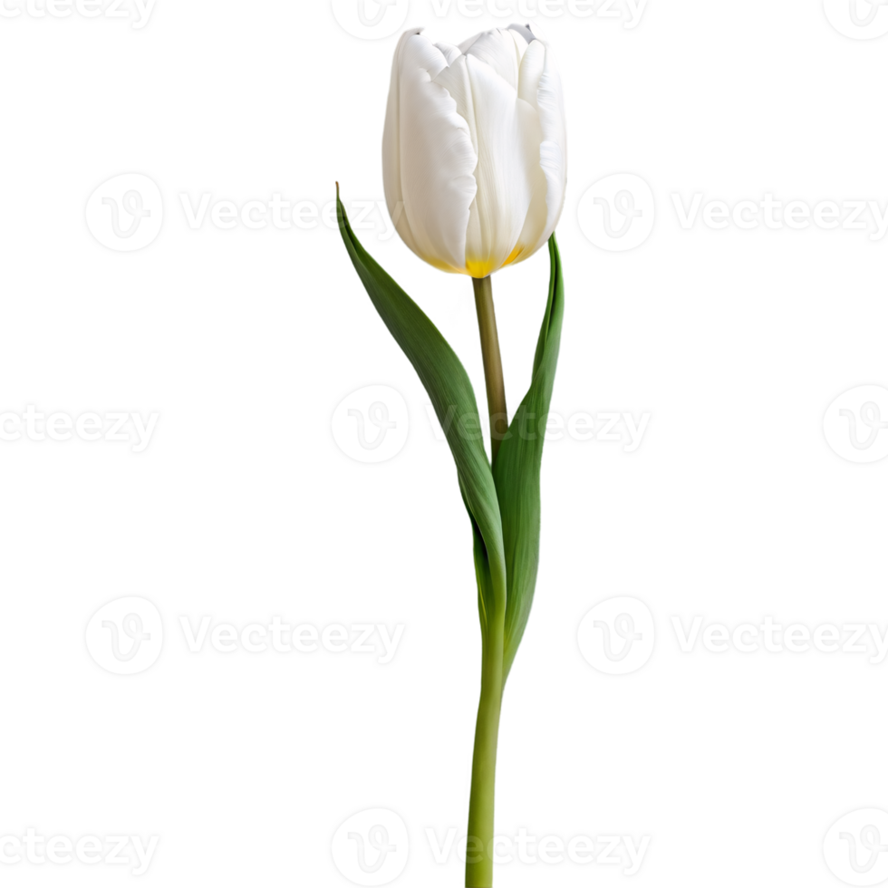 Close up macro photo of white tulip flower with leaves transparent isolated png