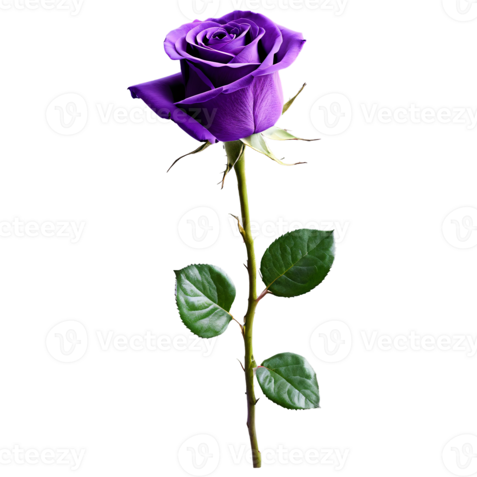 Close up macro photo of purple rose with leaves transparent isolated png
