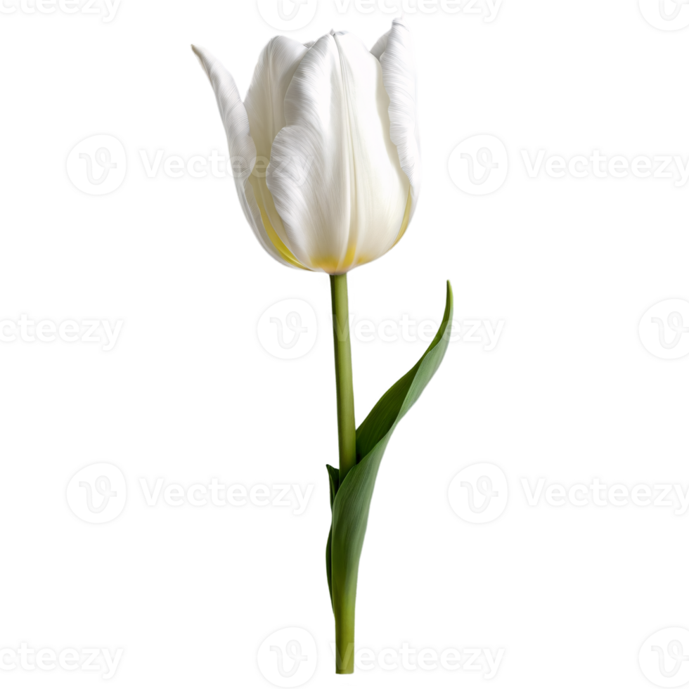 Close up macro photo of white tulip flower with leaves transparent isolated png