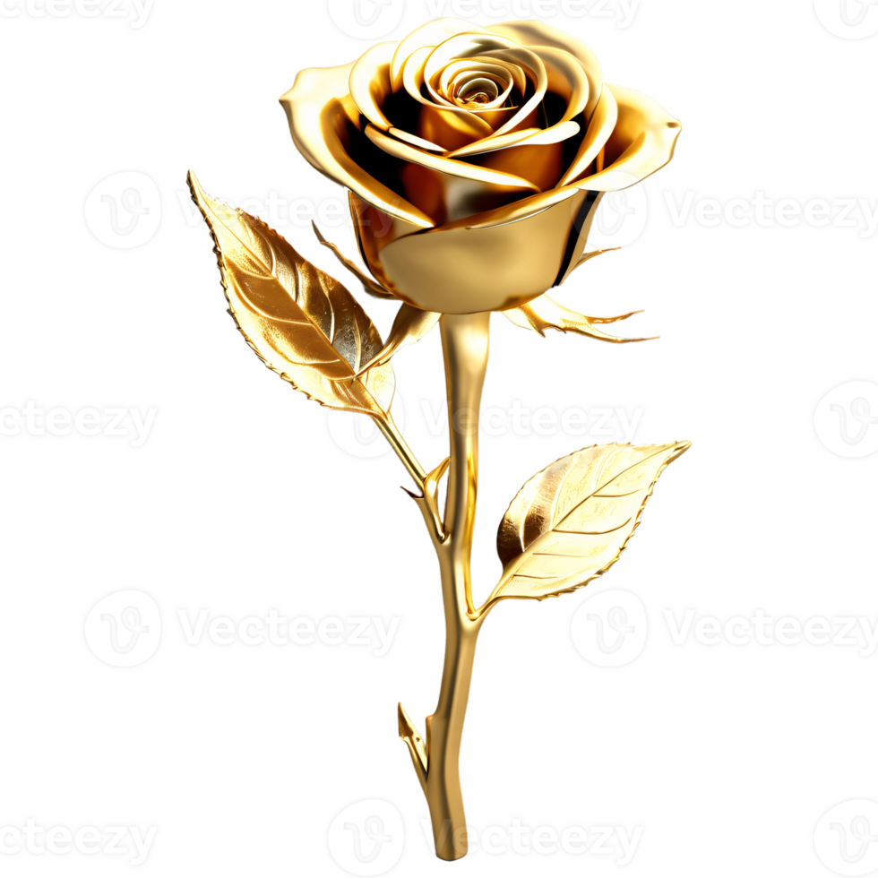 Close up macro photo of shiny golden metallic rose with thorns and leaves transparent isolated png