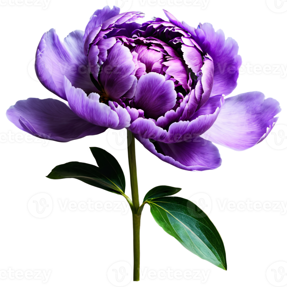 Close up macro photo of purple peony flower with stem and leaves, transparent isolated png