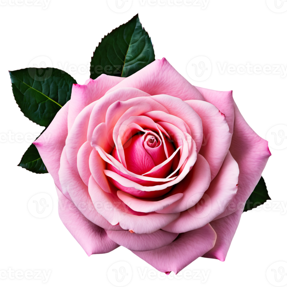 Close up macro photo of pink rose with leaves transparent isolated png