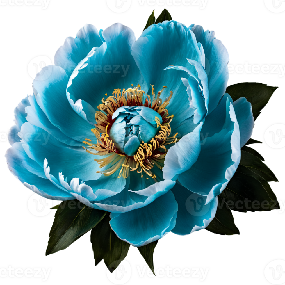 Close up macro photo of turquoise peony flower with leaves transparent isolated png