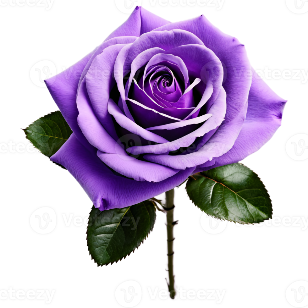 Close up macro photo of purple rose with leaves transparent isolated png