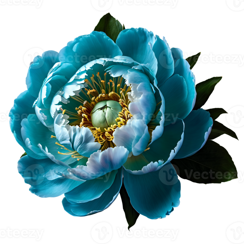 Close up macro photo of turquoise peony flower with leaves transparent isolated png