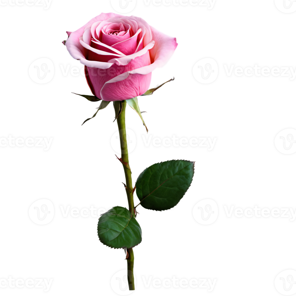 Close up macro photo of pink rose with leaves transparent isolated png