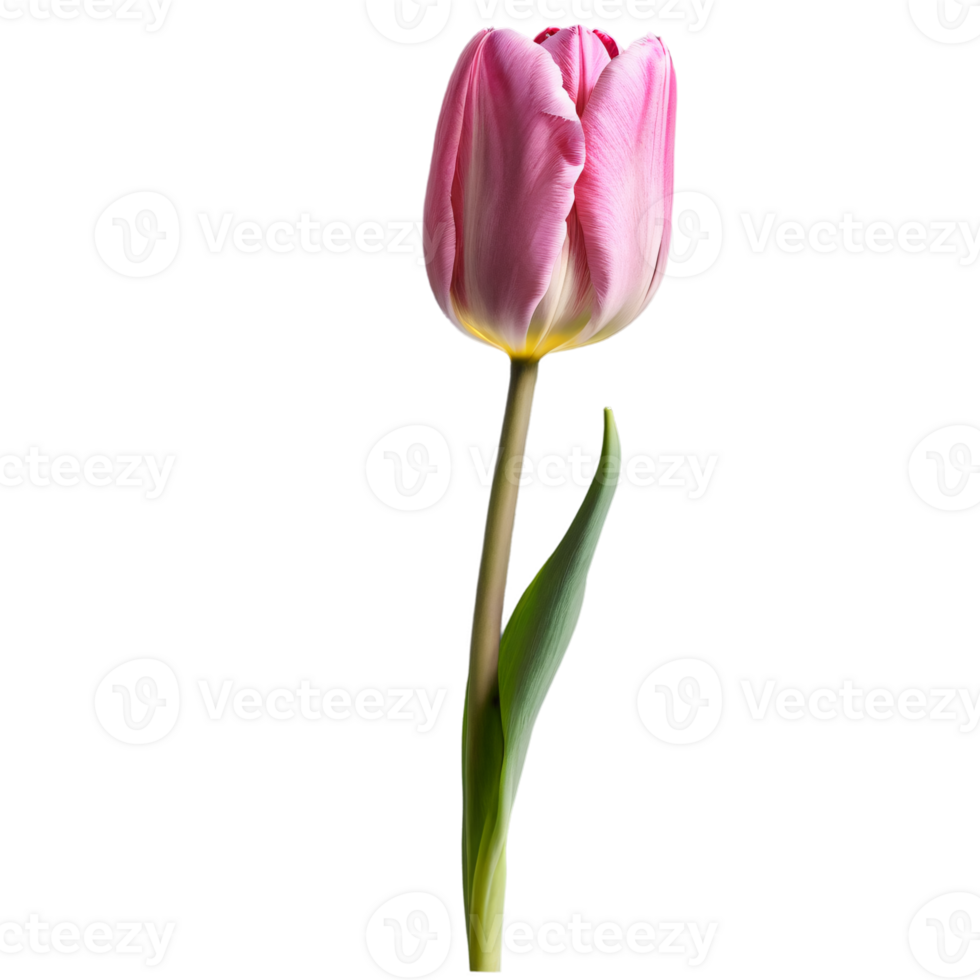 Close up macro photo of pink tulip flower with leaves transparent isolated png