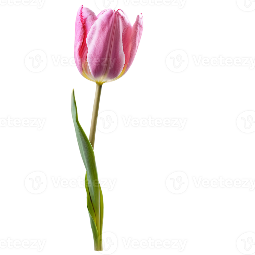 Close up macro photo of pink tulip flower with leaves transparent isolated png
