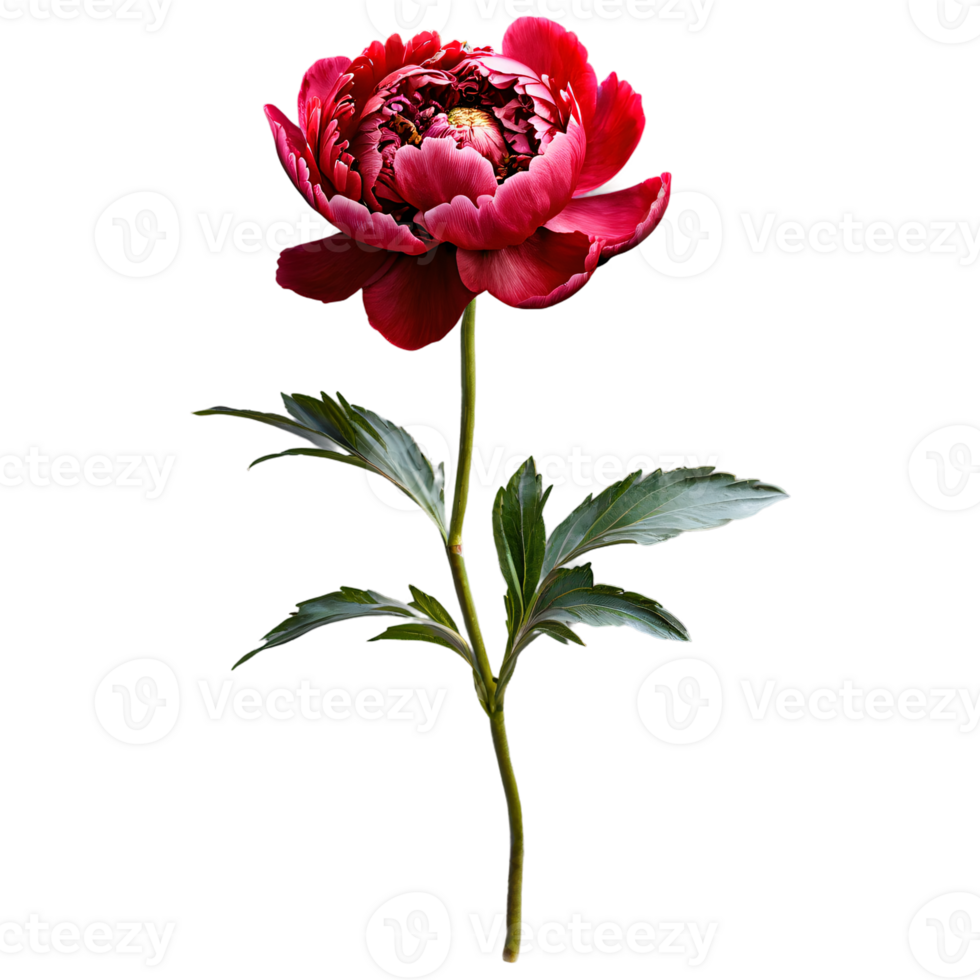 Close up macro photo of red peony flower with stem and leaves transparent isolated png