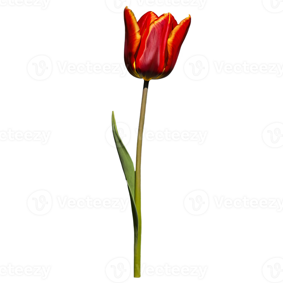 Close up macro photo of red tulip flower with leaves transparent isolated png
