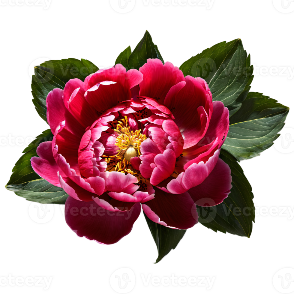 Close up macro photo of red peony flower with leaves transparent isolated png