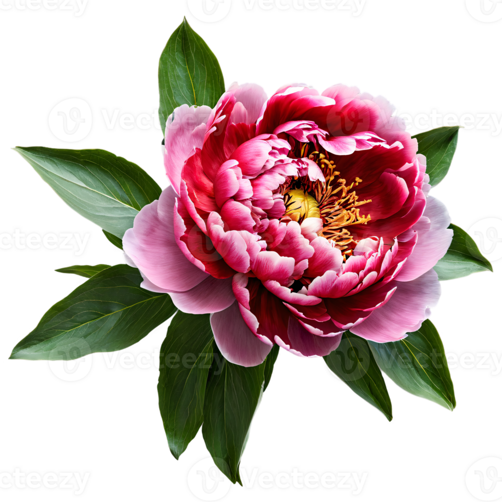 Close up macro photo of red peony flower with leaves transparent isolated png