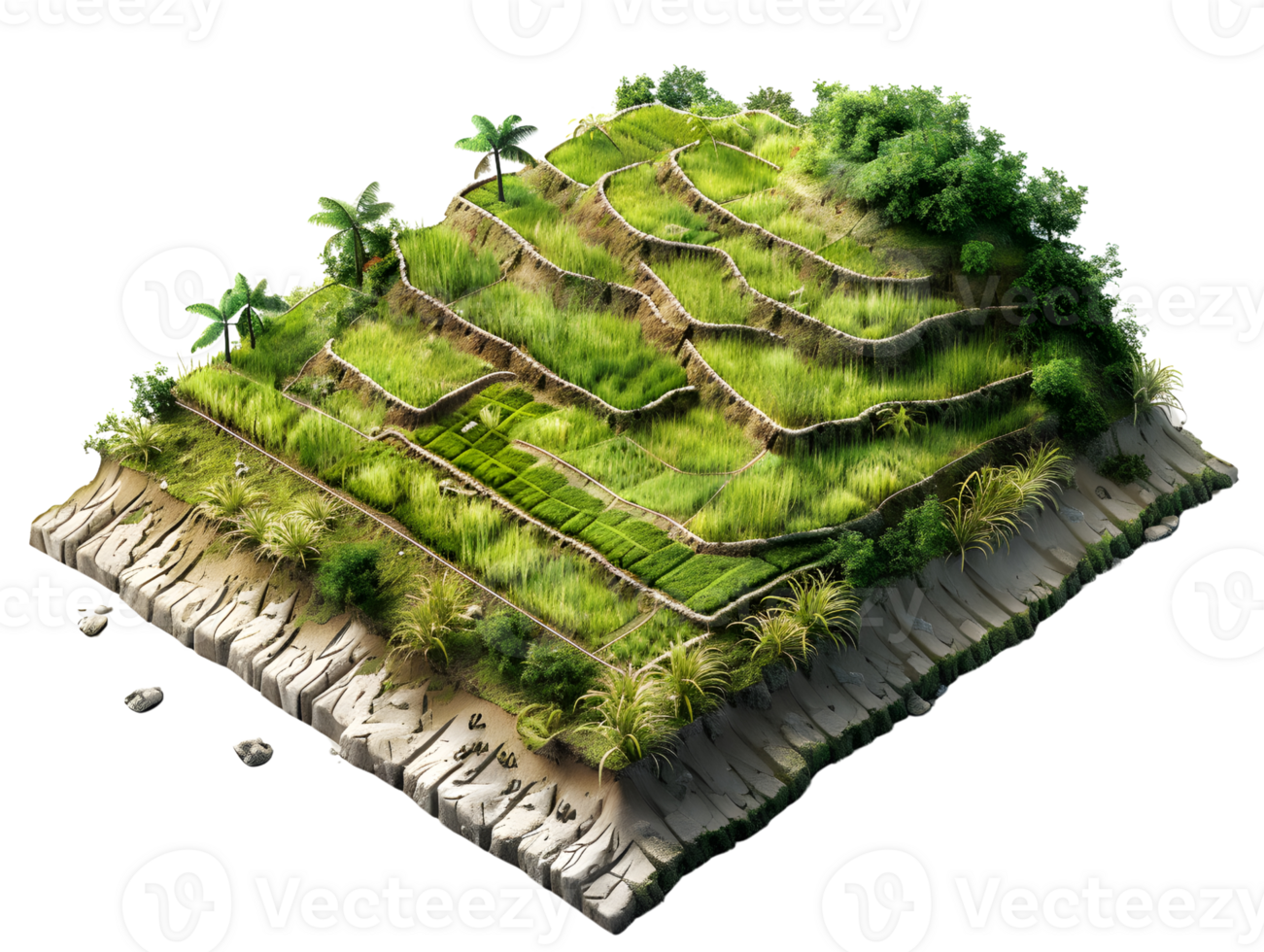 rice fields in swales or terraces, isometric 3d illustration png