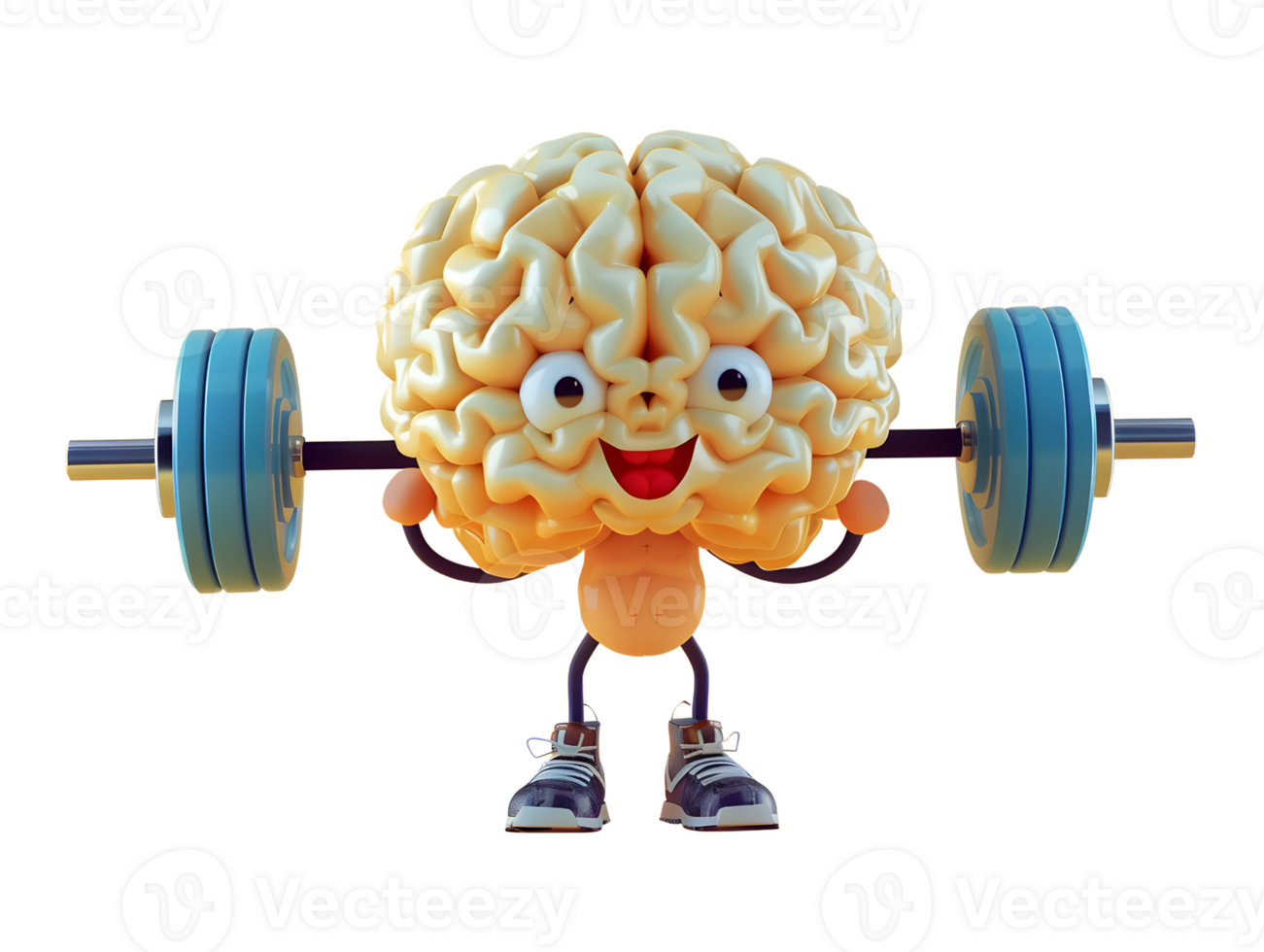 cute brain character lifting barbell, 3d illustration element png