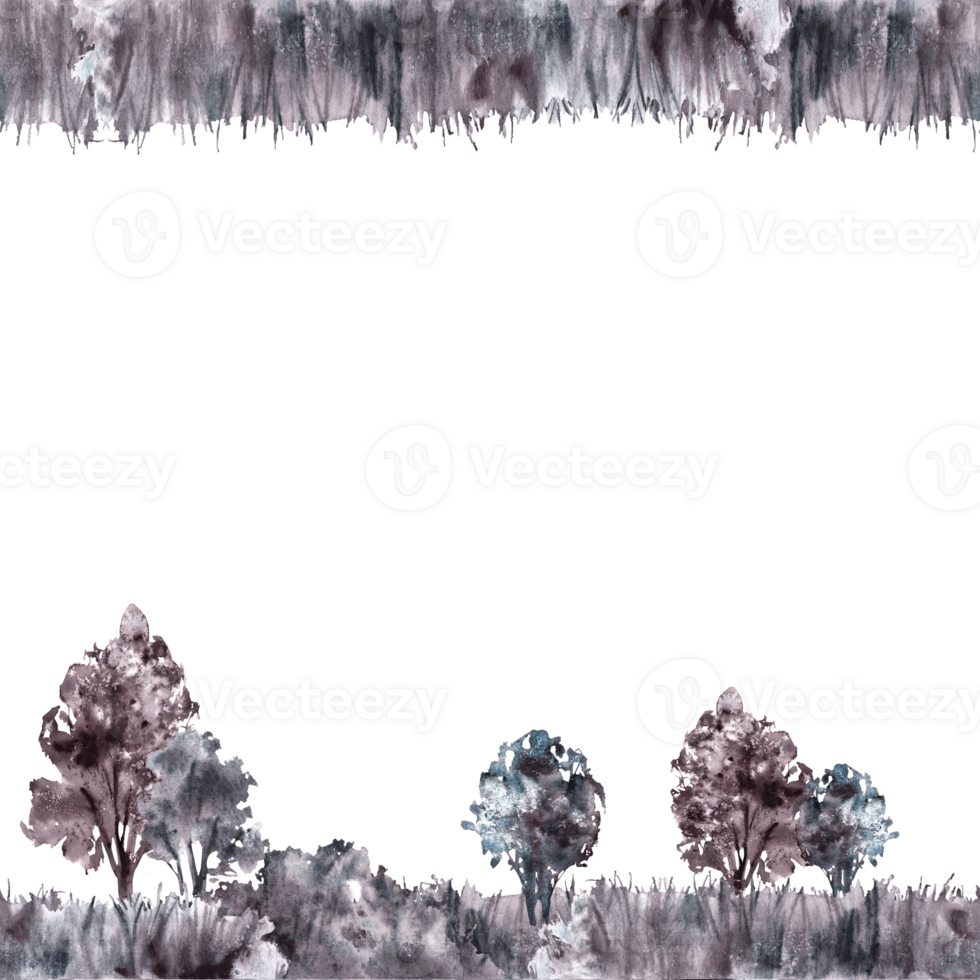 landschap met veld, weide, struiken, bomen, gras. naadloos kader. waterverf monochromatisch wijnoogst landelijk natuur clip art voor verpakking label, spandoek. hand- trek illustratie. geïsoleerd wit achtergrond png