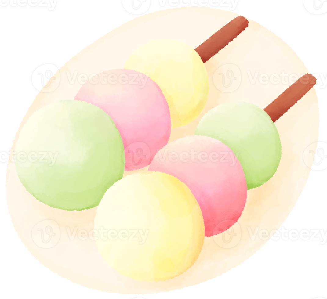 Japanese Sweet Dessert Food cartoon style Mochi Dango Macha Matcha and icecream hand drawn illustration png