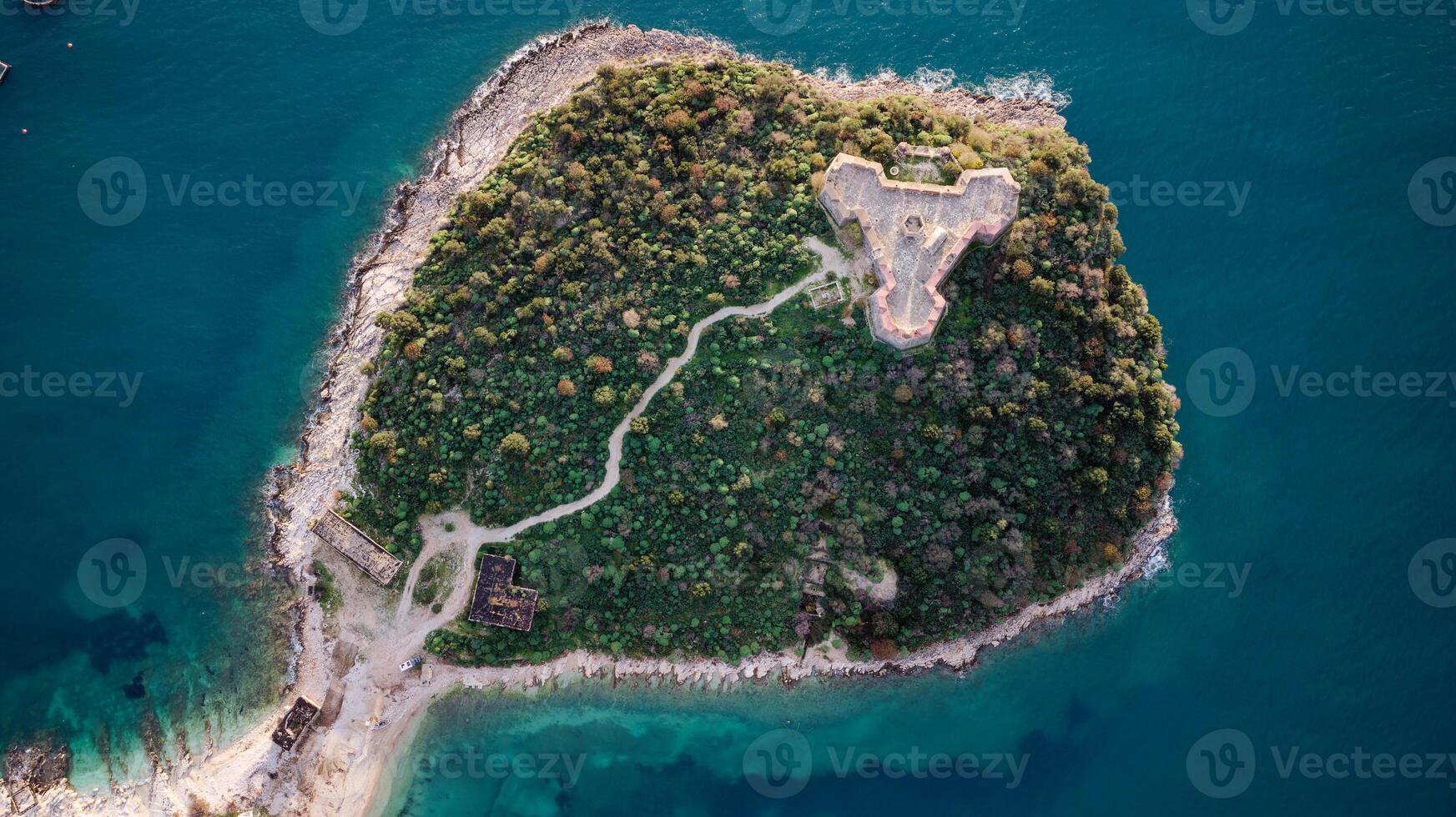 Aerial drone view of the Porto Palermo Castle in Albania. The castle is a significant monument located near the village of Himare in southern Albania. photo