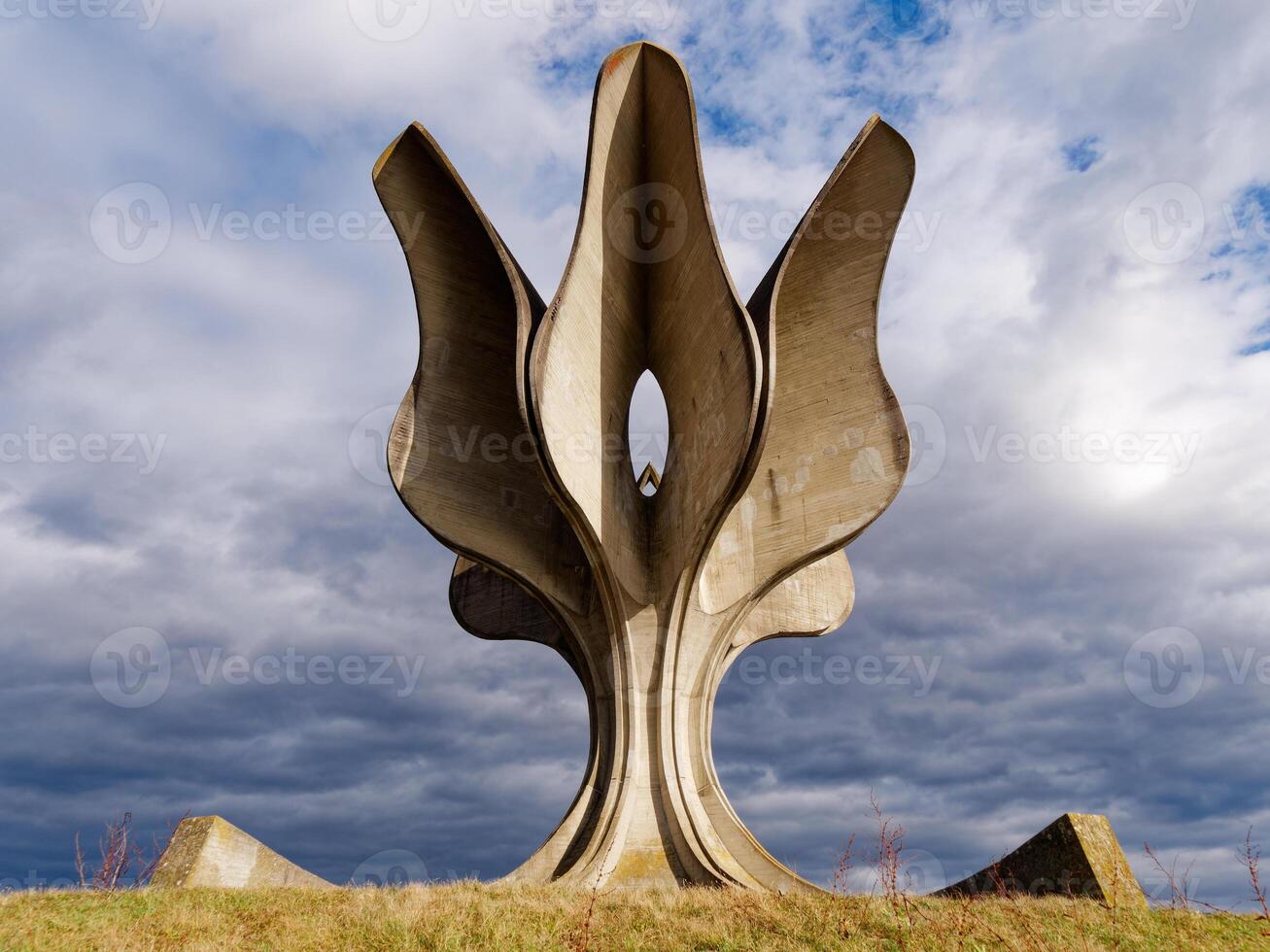 Jasenovac flower Monument or Stone Flower in Sisak Moslavina, Croatia. Yugoslav monument commemorating the struggles of the partisan during World War 2. photo