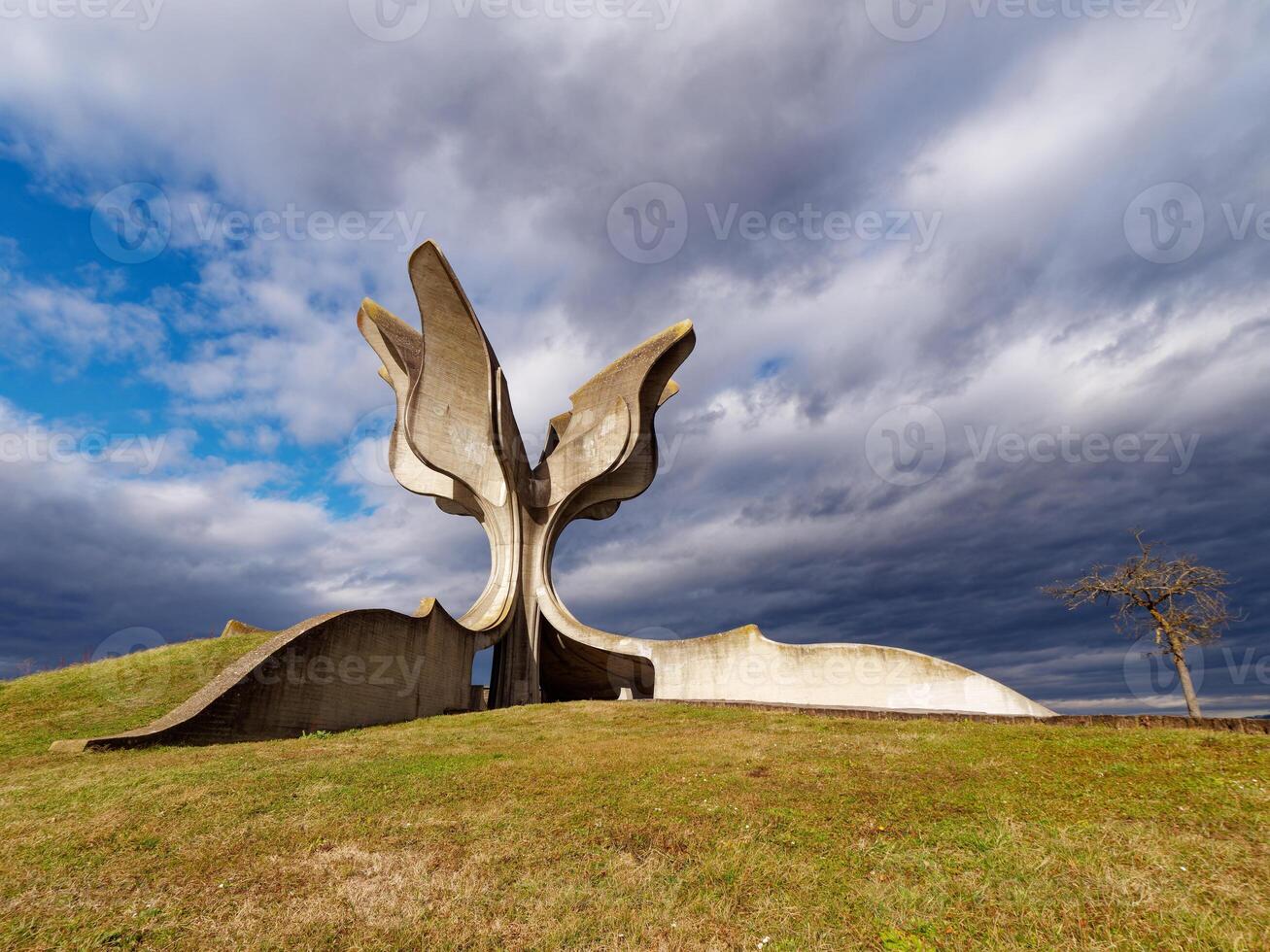 Jasenovac flower Monument or Stone Flower in Sisak Moslavina, Croatia. Yugoslav monument commemorating the struggles of the partisan during World War 2. photo
