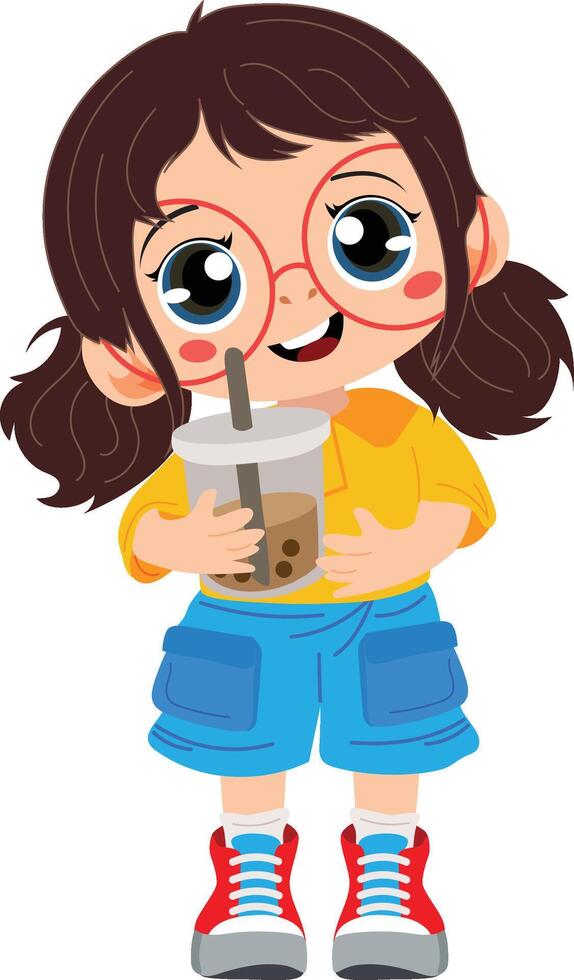 cute girl cartoon holding ice beverage vector