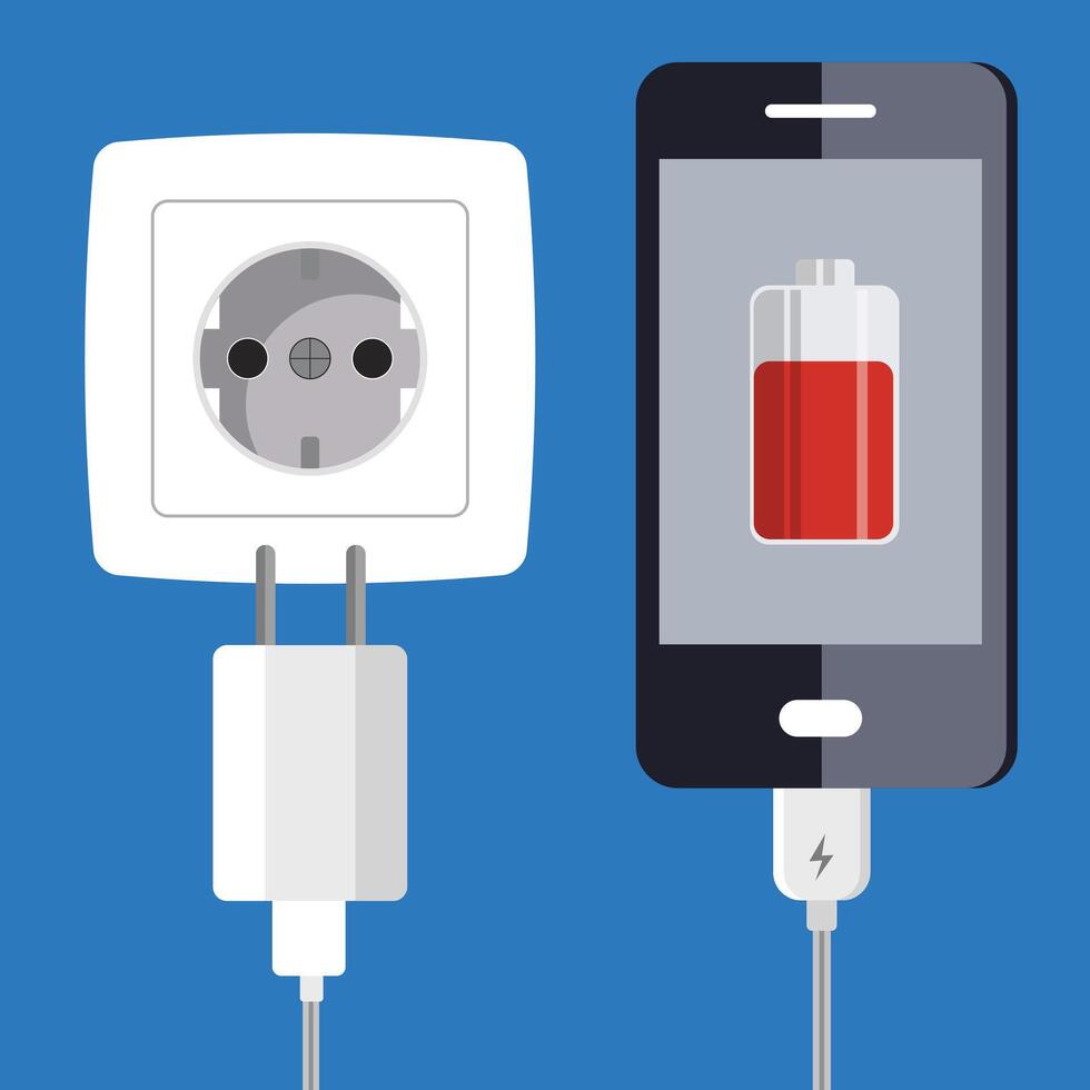 Smartphone and charger adapter. Low battery, addiction. Phone is charging from wall outlet. Flat illustration vector