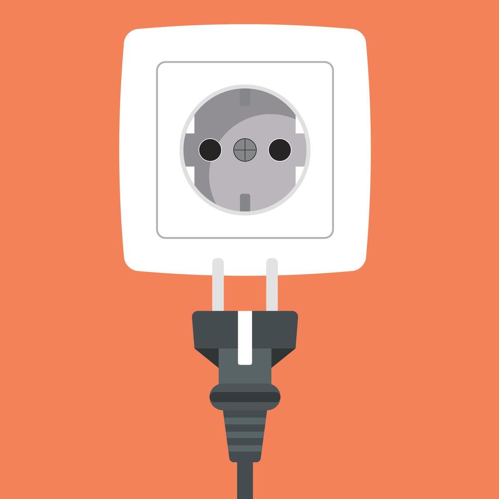 Power plug into white power socket icon. Flat illustration vector