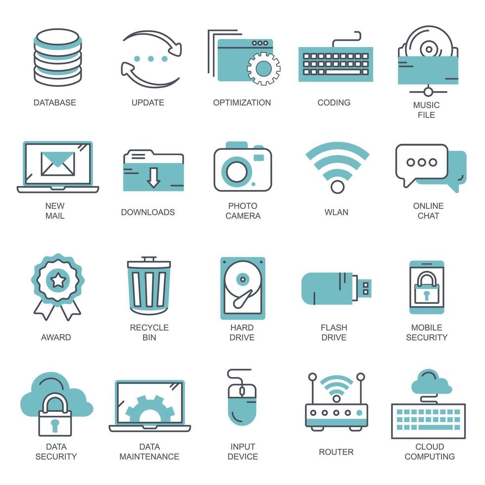 Business and marketing, programming, data management, internet connection, social network, computing, information. Thin line blue icons set. Flat illustration vector