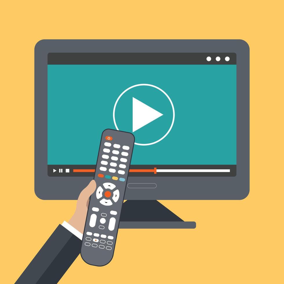 Hand holding remote control. TV icon concept. Play icon on television. Smart TV concept. Flat illustration vector