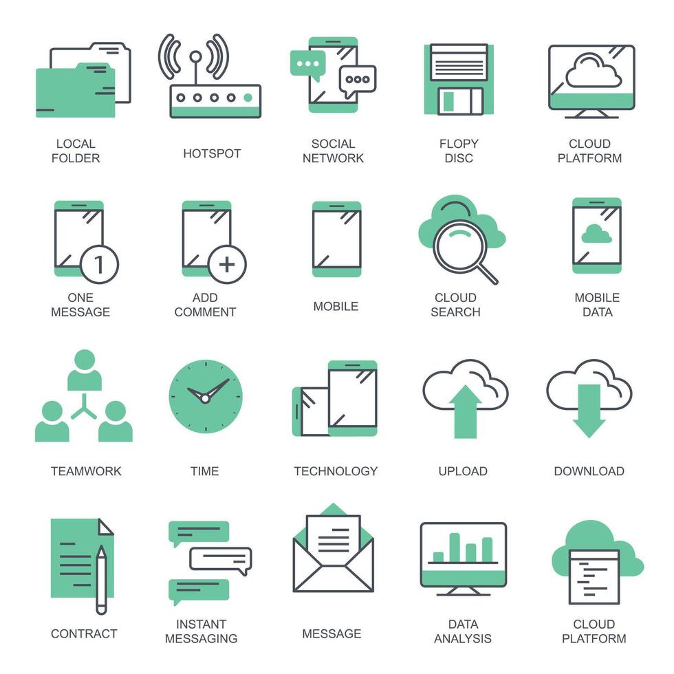 Business and marketing, programming, data management, internet connection, social network, computing, information. Thin line blue icons set. Flat illustration vector