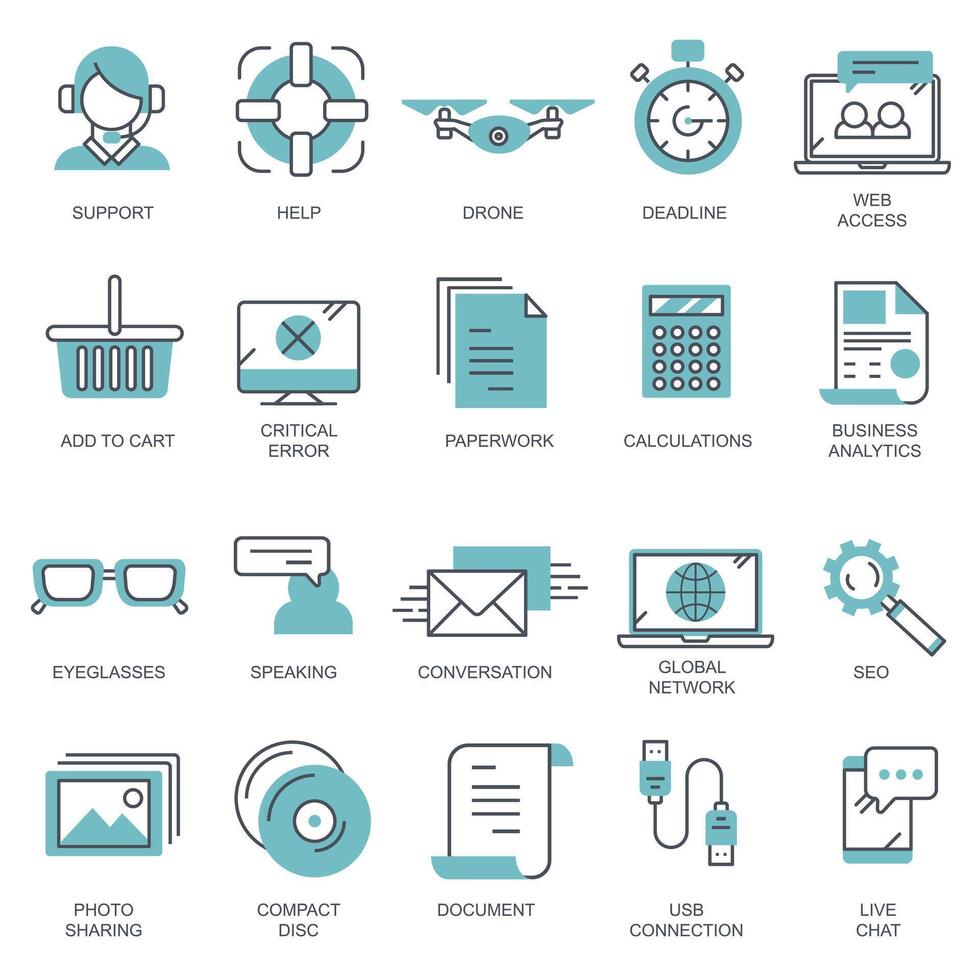 Business and marketing, programming, data management, internet connection, social network, computing, information. Thin line blue icons set. Flat illustration vector