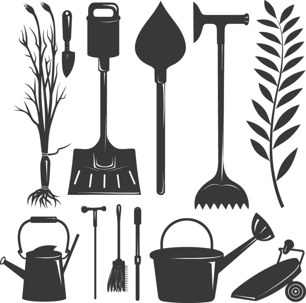 Silhouette gardening equipment black color only vector