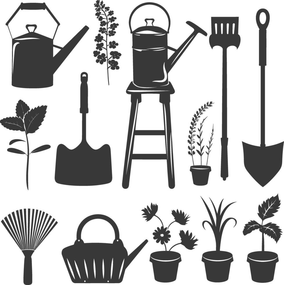 Silhouette gardening equipment black color only vector