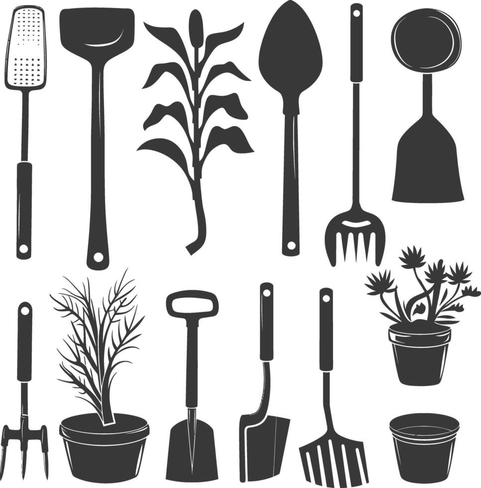 Silhouette gardening equipment black color only vector